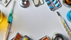 医療用具と薬剤が並ぶ背景スペース