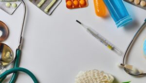 医療用具と錠剤が並ぶ白い背景スペース