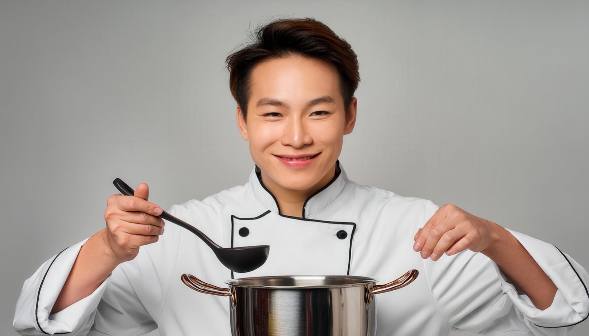 鍋とお玉を持つ男性シェフ