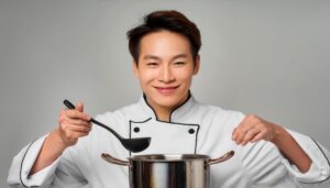 鍋とお玉を持つ男性シェフ