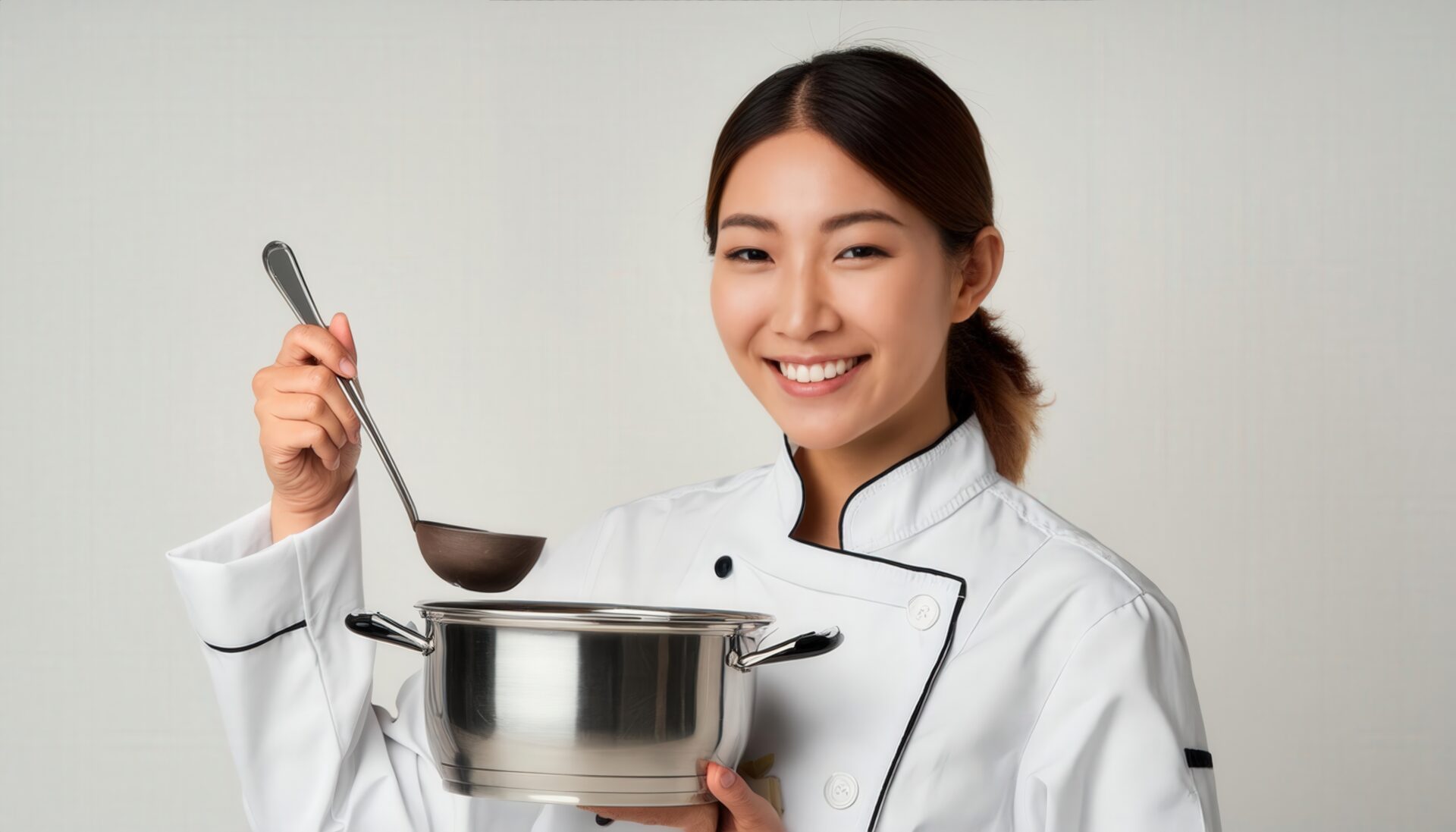 笑顔でお玉を持つ女性シェフ