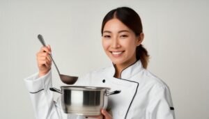 笑顔でお玉を持つ女性シェフ