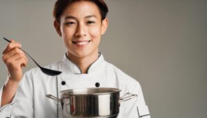 お玉と鍋を持つ笑顔の男性シェフ