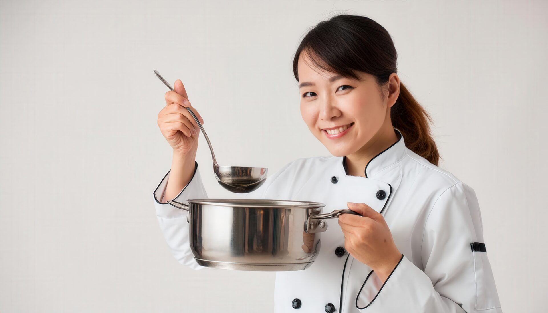 お玉と鍋を準備する笑顔の女性シェフ