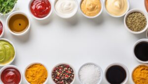カラフルなソースとスパイスの盛り合わせ