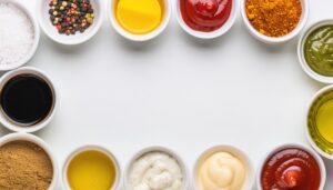 様々な調味料とスパイスの円形レイアウト