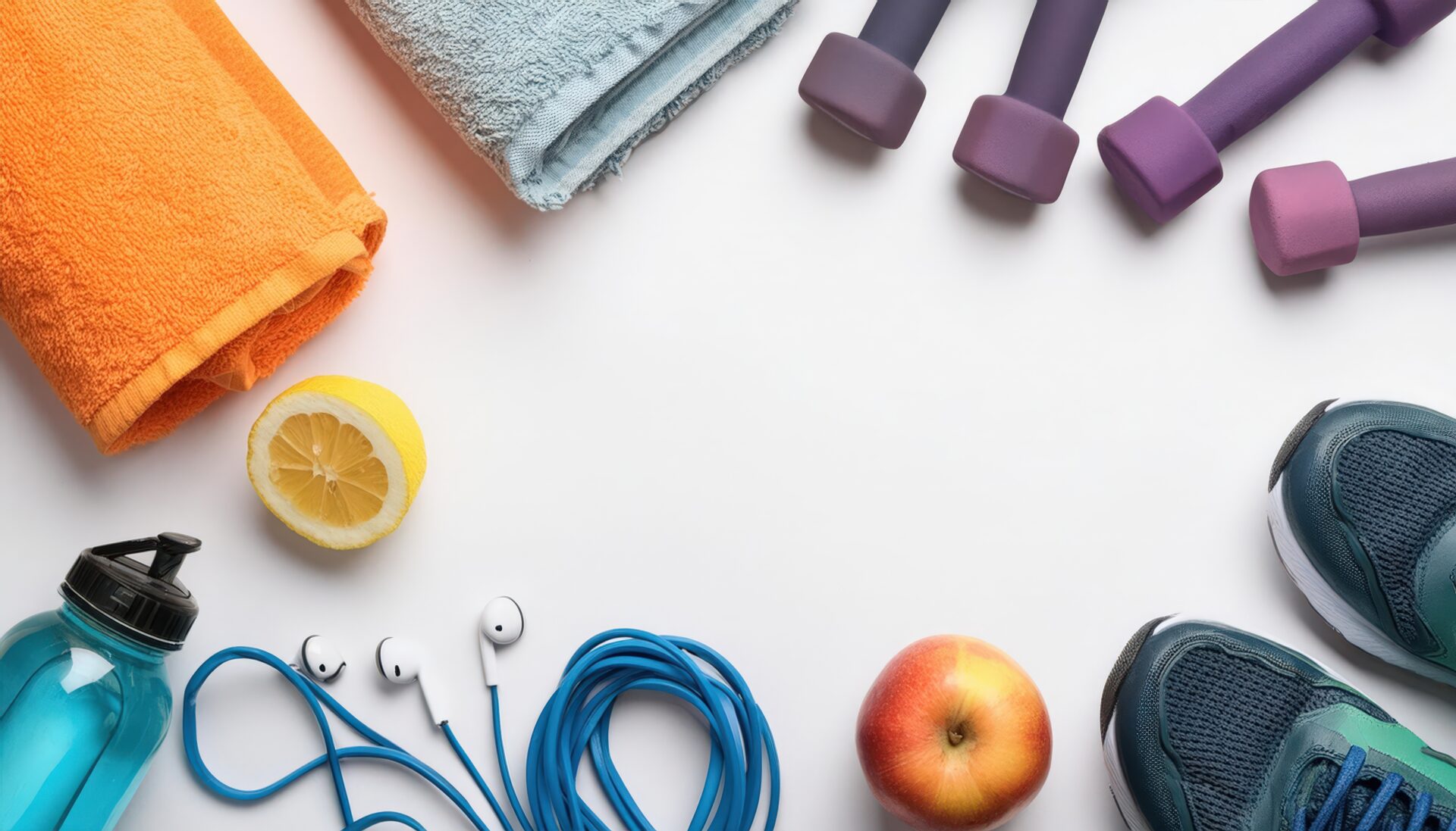 健康的な運動アイテムとフルーツの配置