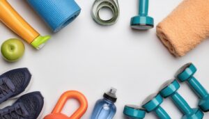 運動用具とフルーツを含むフィットネスグッズ