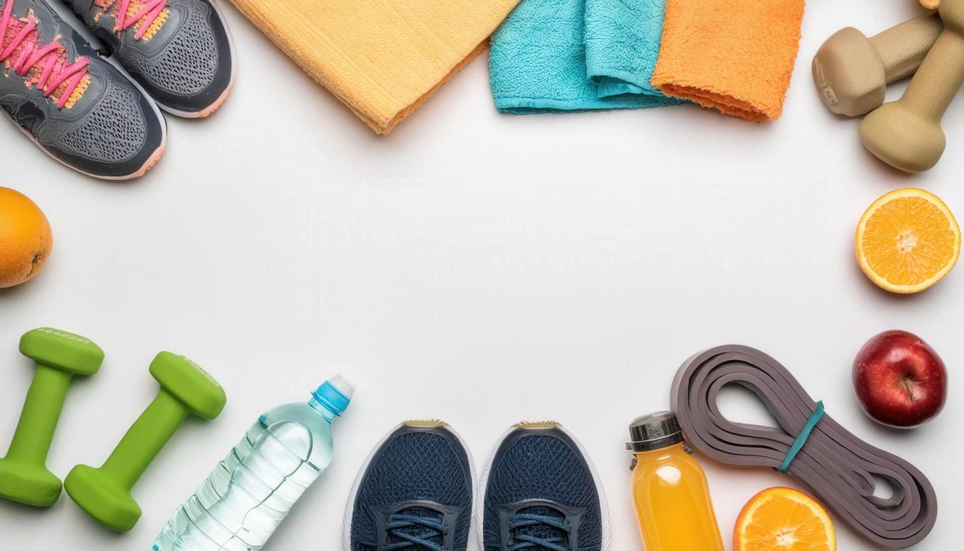 トレーニングアイテムと飲み物のフラットレイアウト