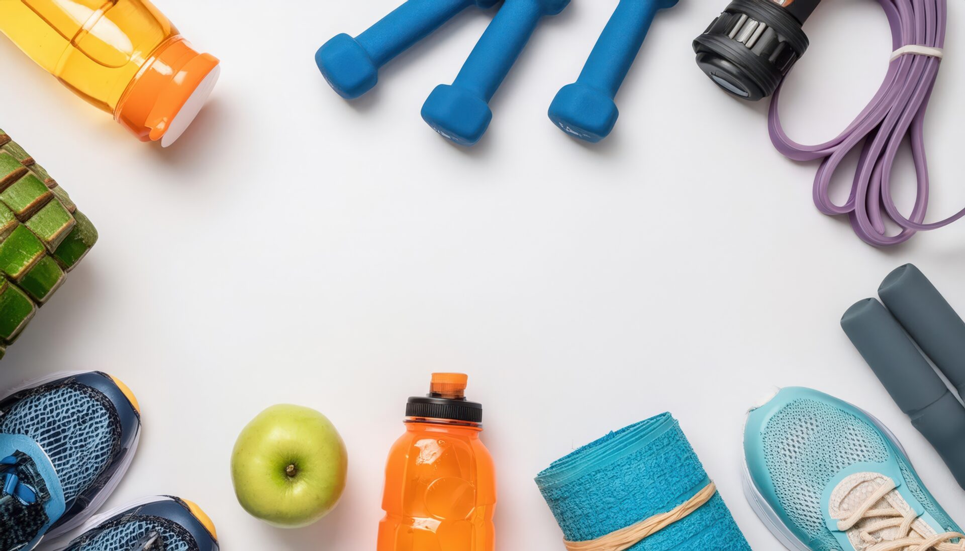 フィットネスグッズとリンゴのフラットレイ