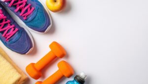 オレンジ色のダンベルとフィットネスアイテムのフラットレイ