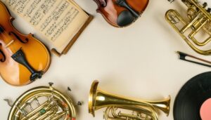 音楽楽器と楽譜の配置