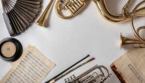 楽譜と金管楽器のクラシックな配置