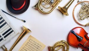 楽器と帽子を含むクラシック音楽の配置