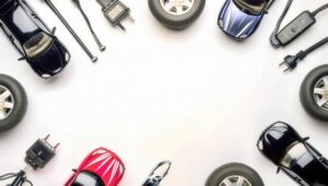 ミニカーと自動車用タイヤの並べられた配置