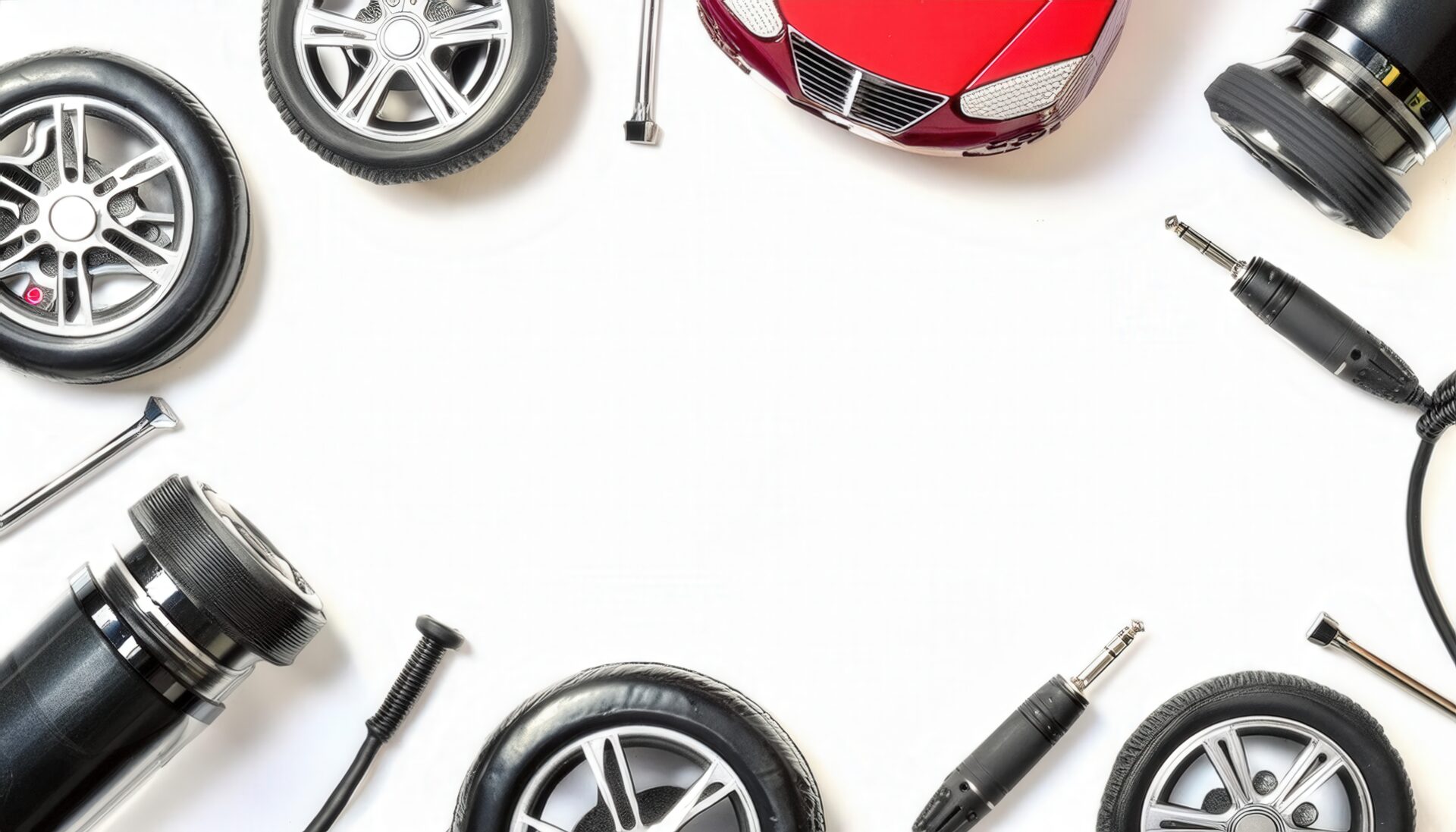 赤いミニカーとタイヤのシンプルな配置