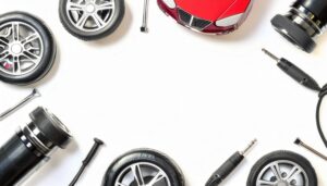 赤いミニカーとタイヤのシンプルな配置