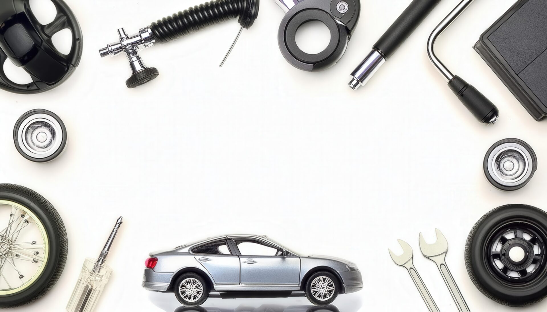 シルバーの車と工具の白背景アレンジ