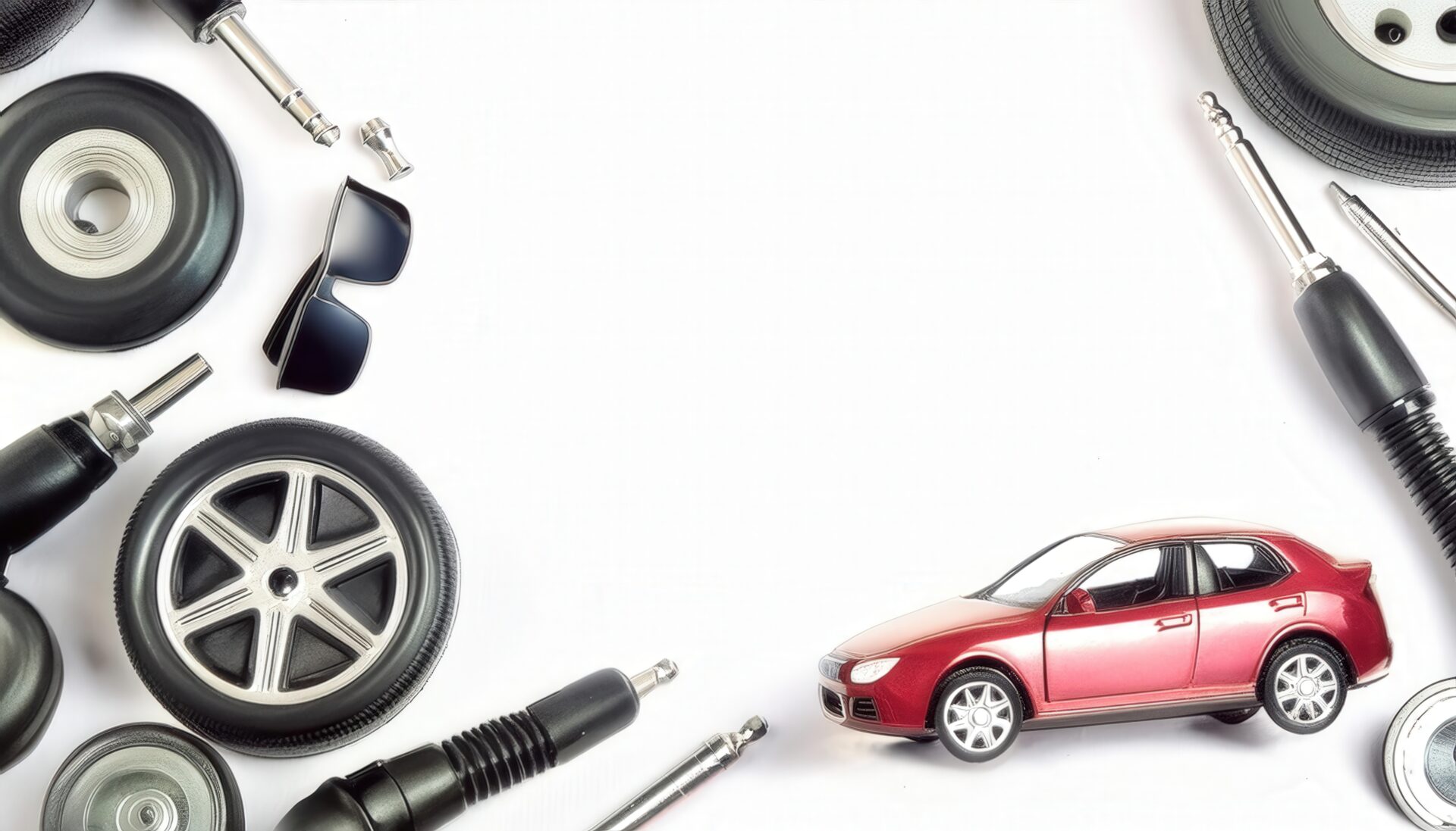 赤い車とタイヤと工具の配置