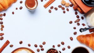 カプチーノとクロワッサンの朝食構図