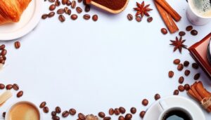 粉コーヒーとクロワッサンのシンプルな配置