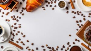 カフェ風テーブルでのコーヒーとクロワッサン