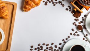 木製トレイとコーヒー豆のクロワッサン朝食