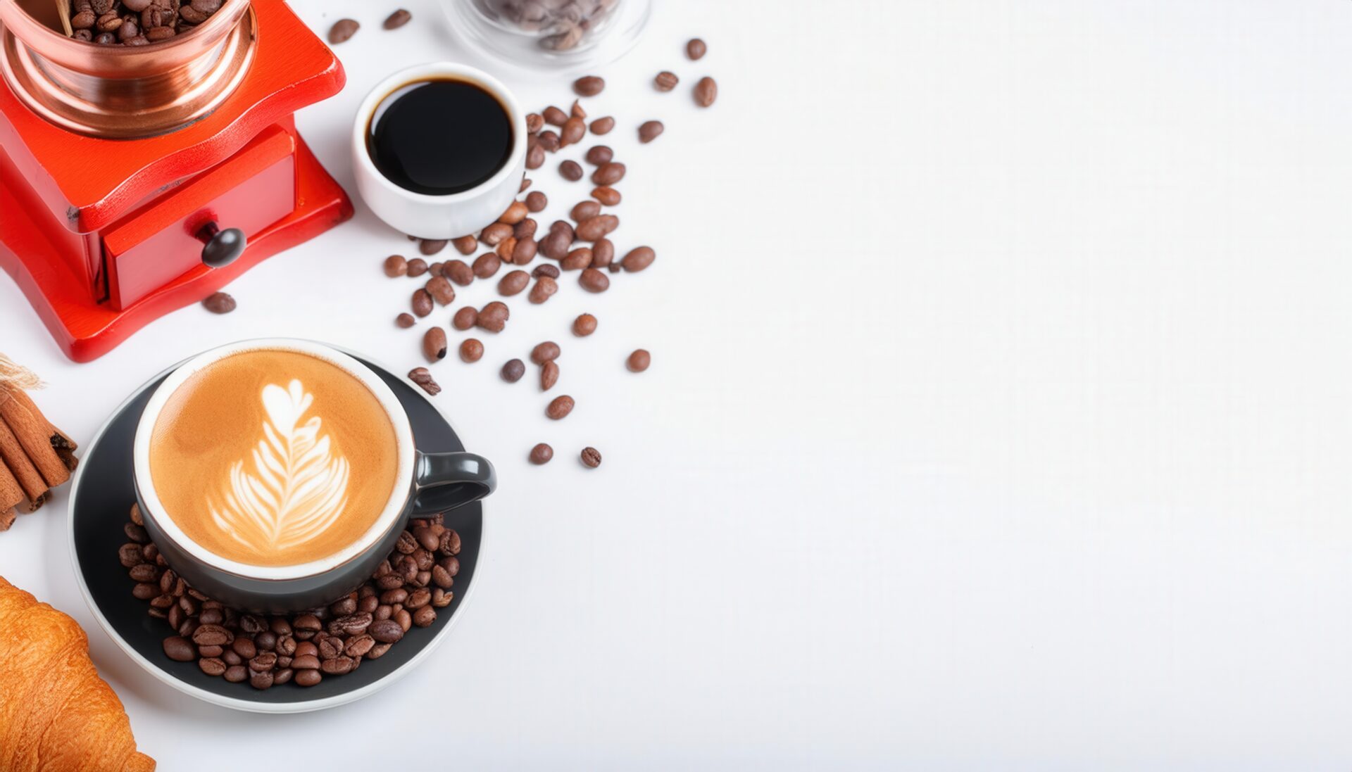 黒いカップのラテアートとクロワッサン