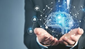 両手にデジタルブレインを浮かべるビジネスマン