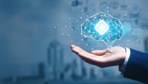 未来的な脳ネットワークを持つ手のビジュアル