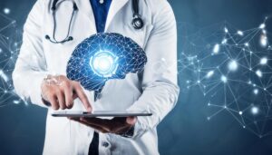 タブレットとデジタル脳を指差す医師