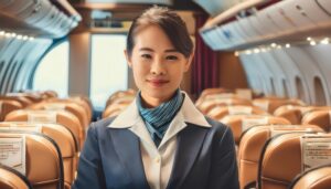 機内で立っている女性キャビンアテンダント