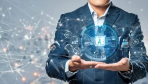 青いデジタルブレインを持つスーツ姿の男性