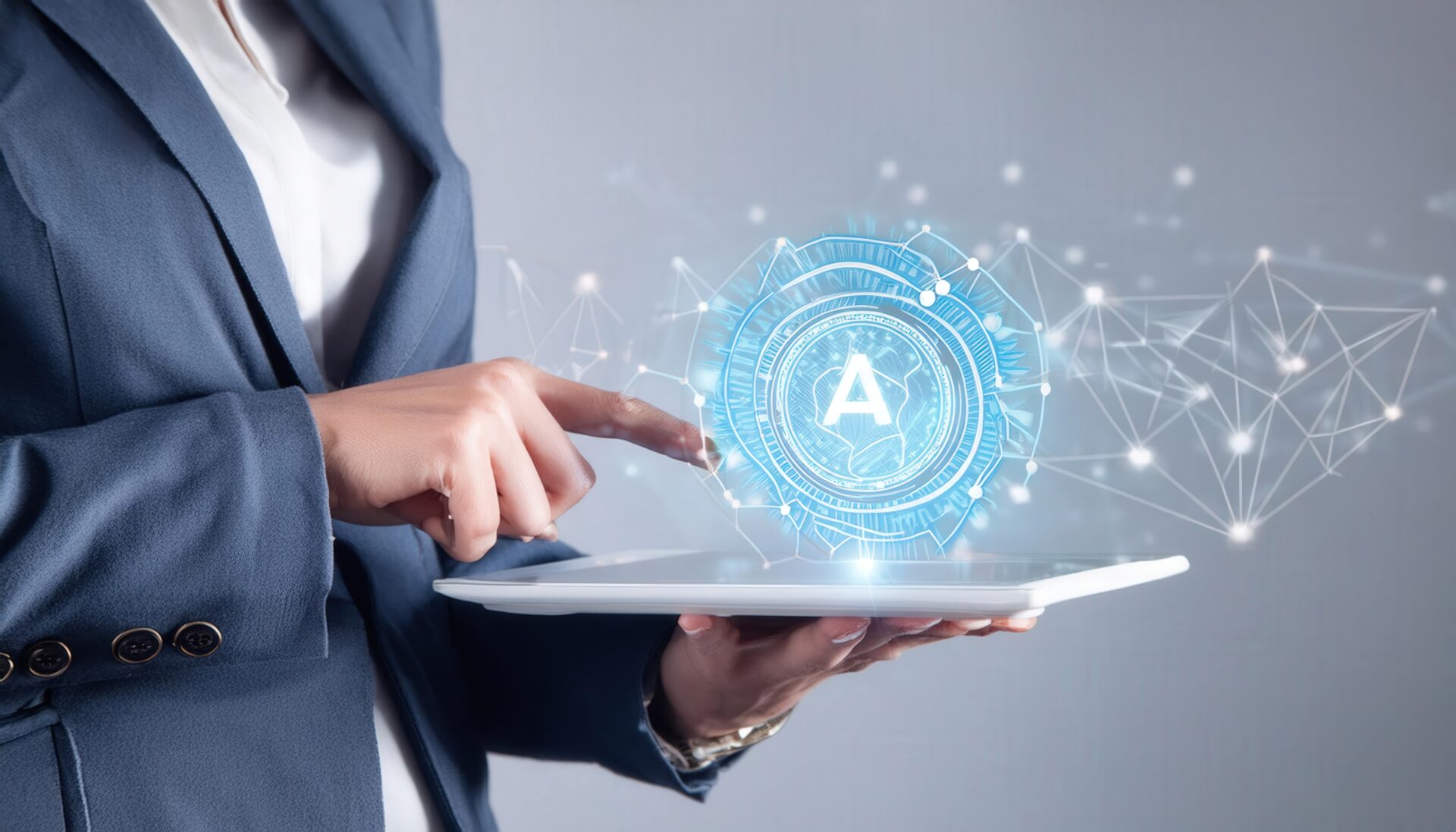 タブレットでホログラムを操作するビジネスパーソン