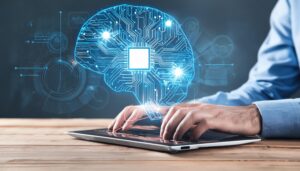 ノートパソコンで操作する青い脳のホログラム
