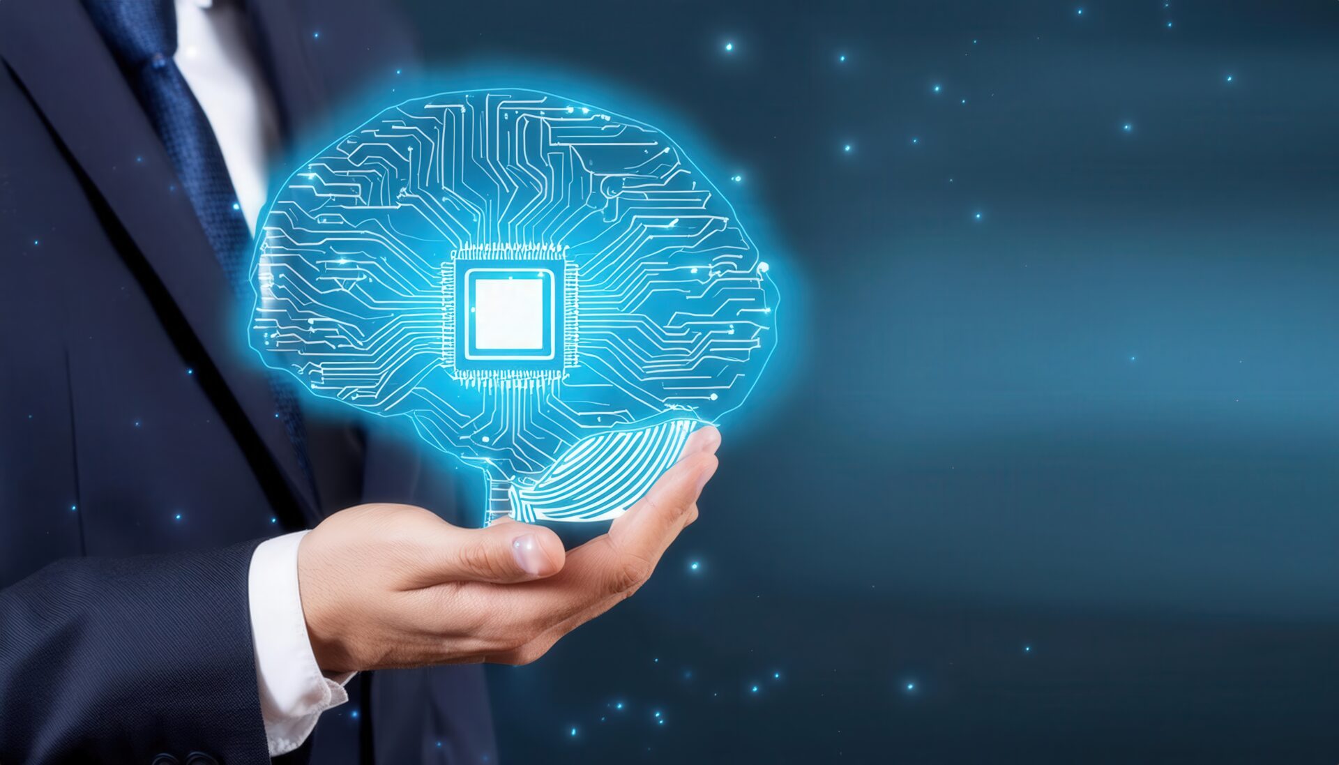 手のひらに青い光で描かれた脳のホログラム