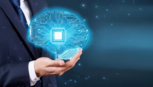 手のひらに青い光で描かれた脳のホログラム