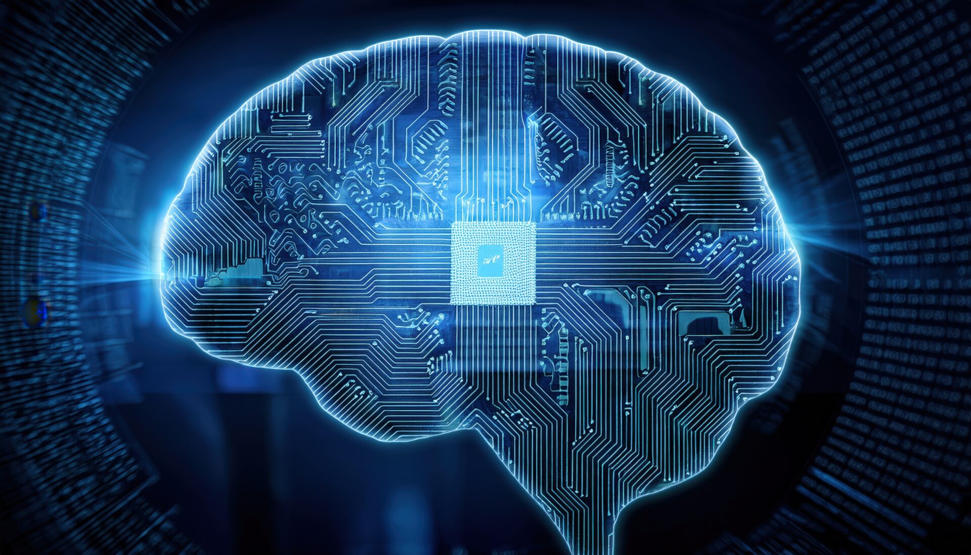 中央にマイクロチップがある青い脳