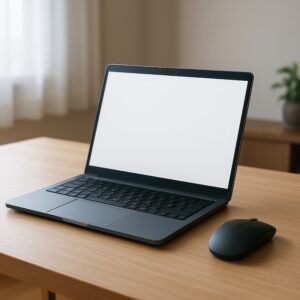 デスク上のノートパソコンとマウス