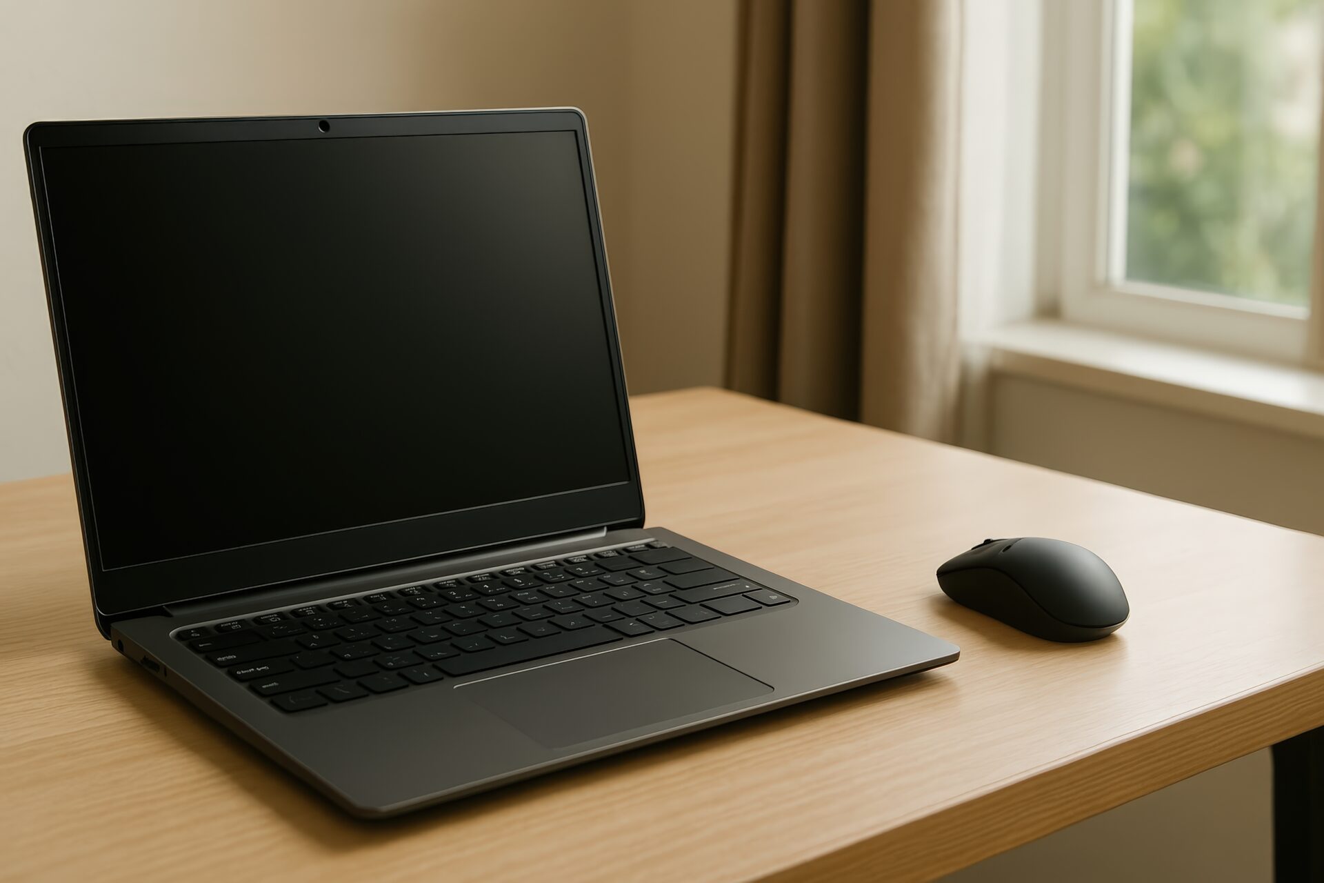 黒い画面のノートパソコンとマウス