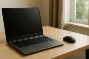 黒い画面のノートパソコンとマウス