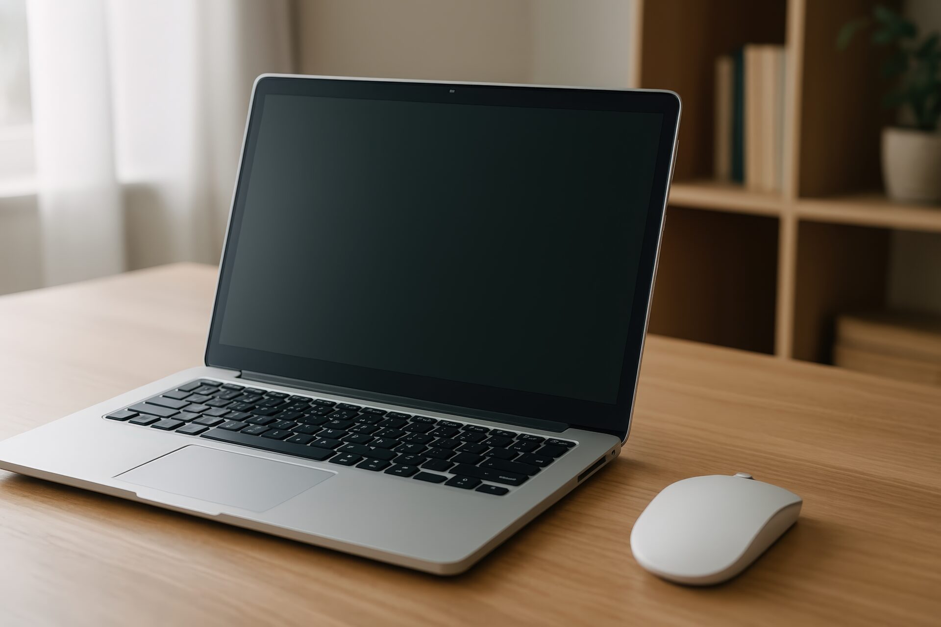 黒い画面のノートパソコンと白いマウス