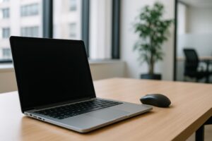 オフィスの窓際に置かれたノートパソコン