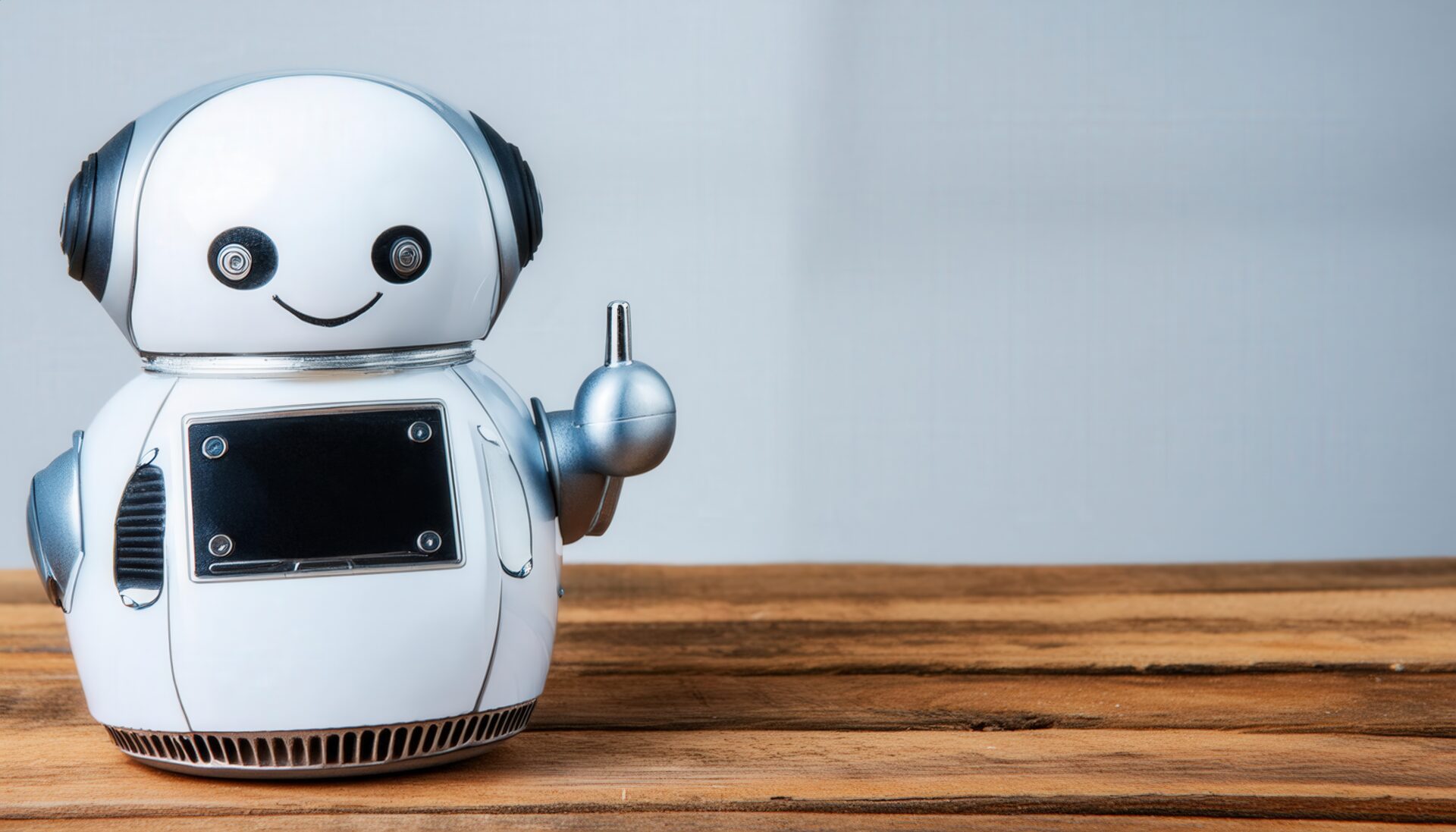 木製デスクに置かれたロボットのおもちゃ