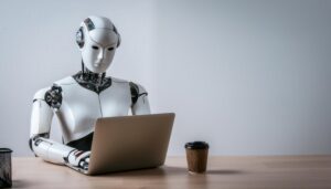 ノートパソコンを操作するロボット