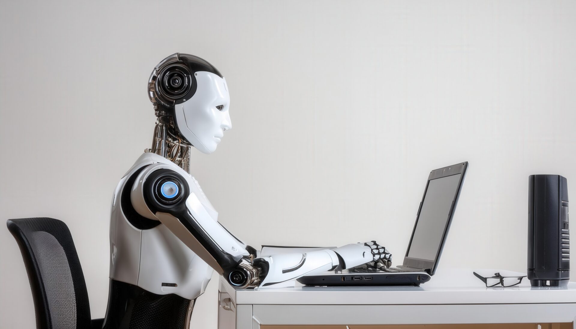 横向きでノートパソコンを使うロボット