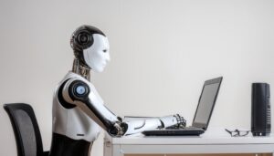 横向きでノートパソコンを使うロボット