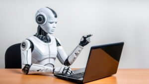 指を指しながらノートパソコンを見るロボット