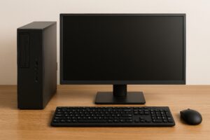 黒い画面のデスクトップPCセット