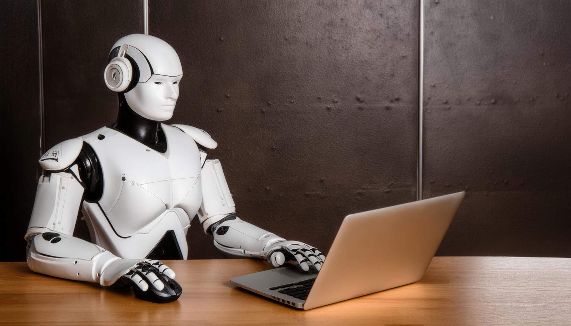 木目のデスクでノートパソコンを操作するロボット